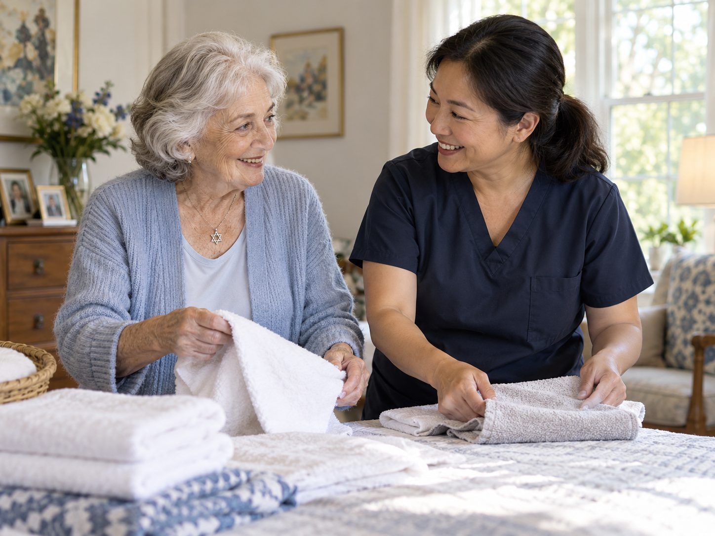 A caregiver and an older woman fold towels together at a bedroom table.
