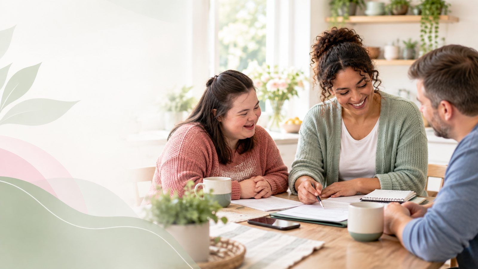 A care planner talks through a plan with a family at a kitchen table.